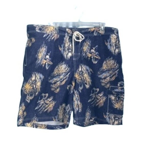 Lands End XXL 44-46 Mens Blue Swim Trunks Shorts Bathing Suit Island Beach Print - Picture 1 of 16